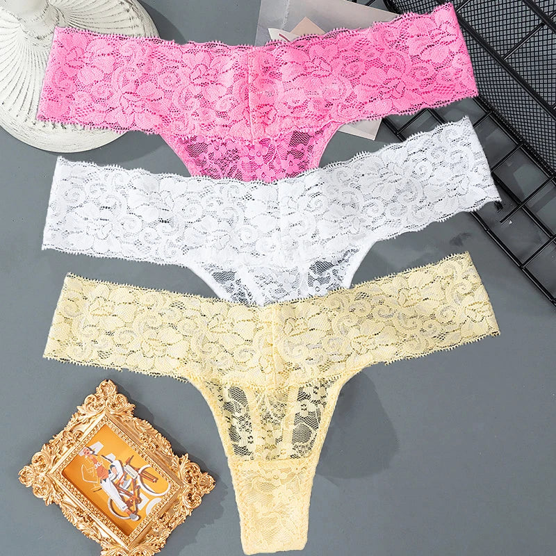 3PCS Lace Floral Thong Panties – Low Waist, Breathable, Sexy, Transparent, Solid Color Women's Underwear