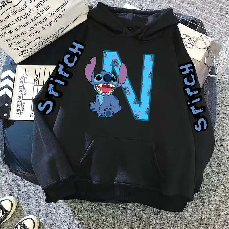 Women's Winter Disney Hoodie – Cute Kawaii Lilo & Stitch, Lucky Letter Print, Black, Fashion Couple Streetwear (Big Size)