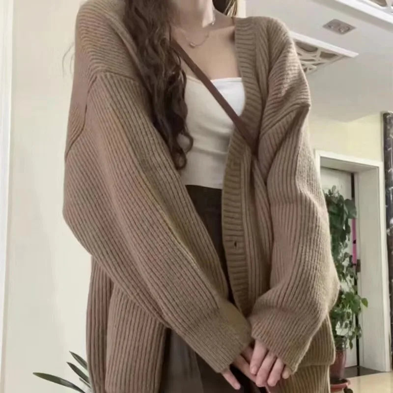 Women's Knitted Cardigan – V-Neck, Loose Fit, Long Sleeve, Casual Autumn Winter Jacket