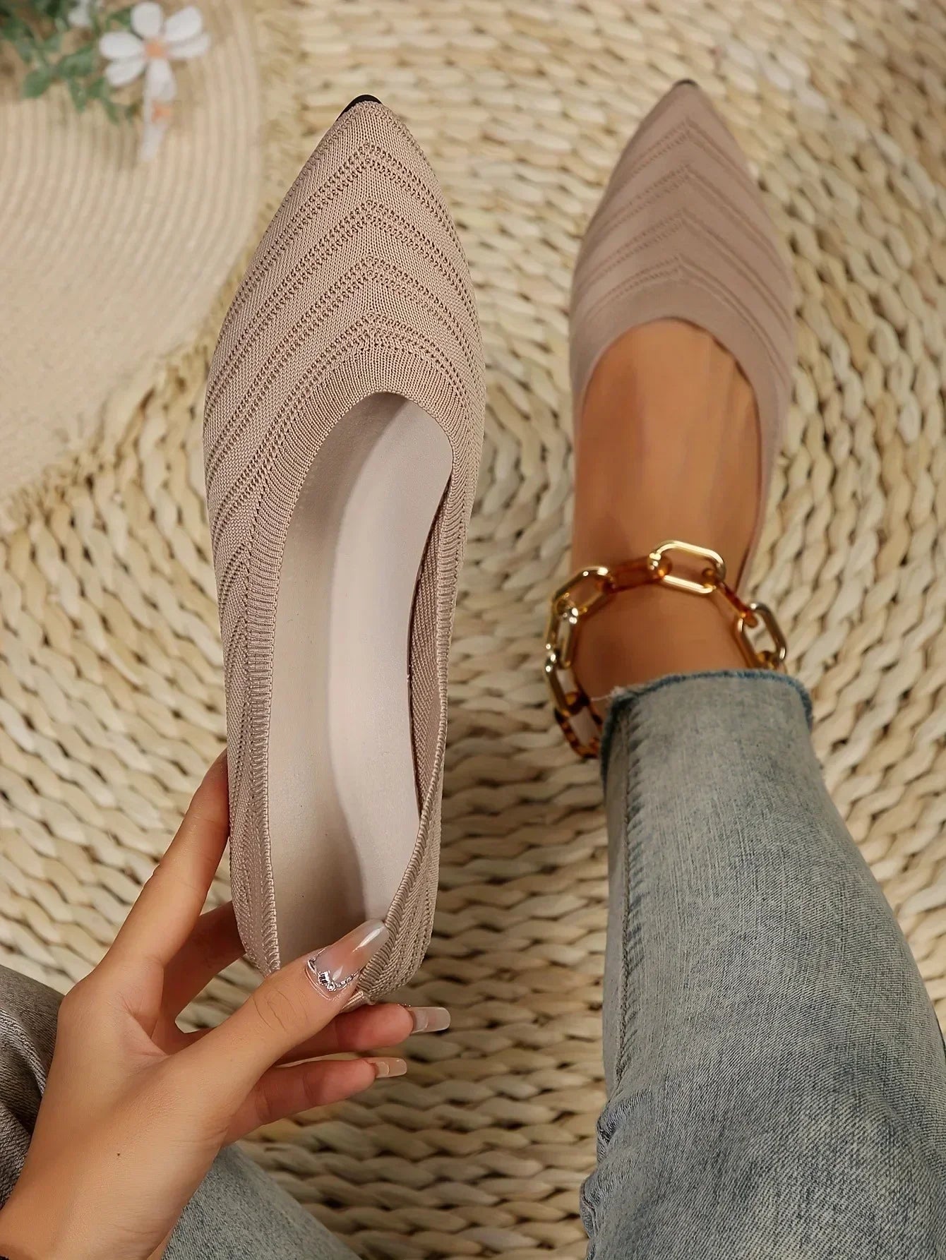 Pointed Toe Flats - Solid Color Knitted Slip-On Office Shoes, Casual Ballet Flats, Women's Loafers, Zapatos de Mujer