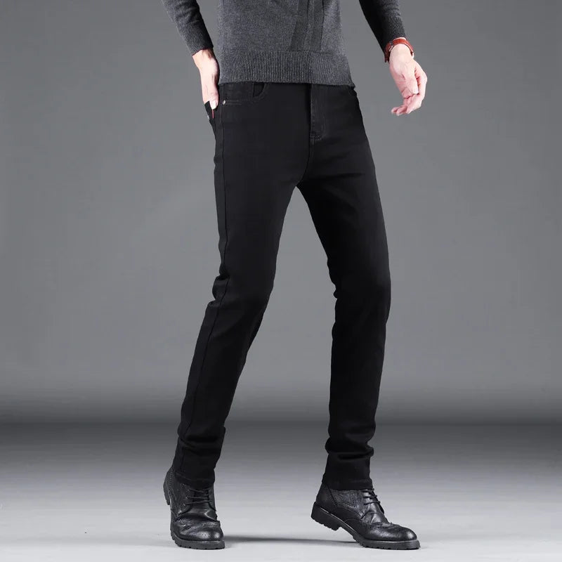 Men's Pure Black Slim Jeans – Elastic Straight Fit, Business Fashion, Leisure Style, Korean Vintage Denim Pants for Spring and Autumn