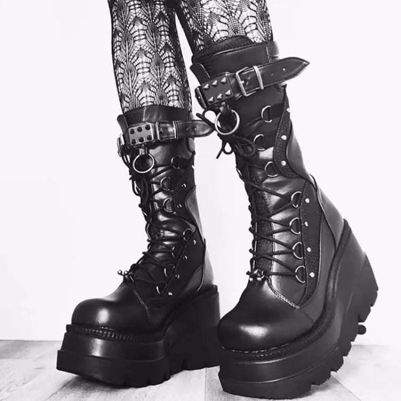 Brand Design Ladies High Platform Boots – Big Size, Rivet Goth High Heels, Cosplay Wedges, Punk Gothic Shoes for Women