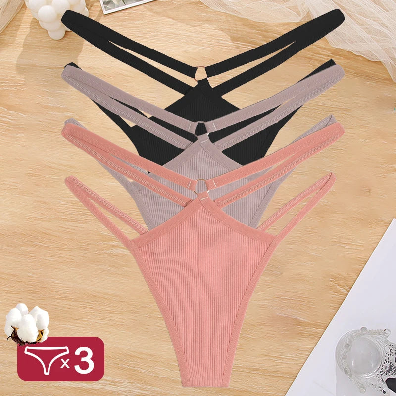 3PCS Set Women's Cotton G-String Thongs – Low Waist, Sexy, Hollow Out, Elastic, Breathable Lingerie
