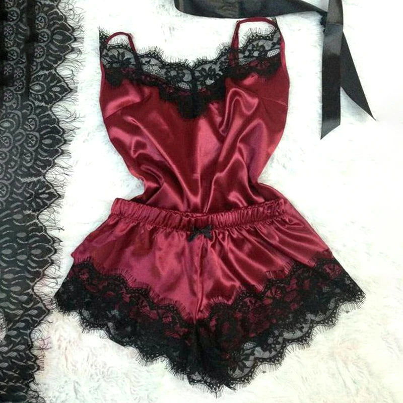 Fashion Nightwear Lace Trim Satin Cami Top Pajama Set – Sexy Hot Erotic Home Wear, Women's Sleeveless Sleepwear