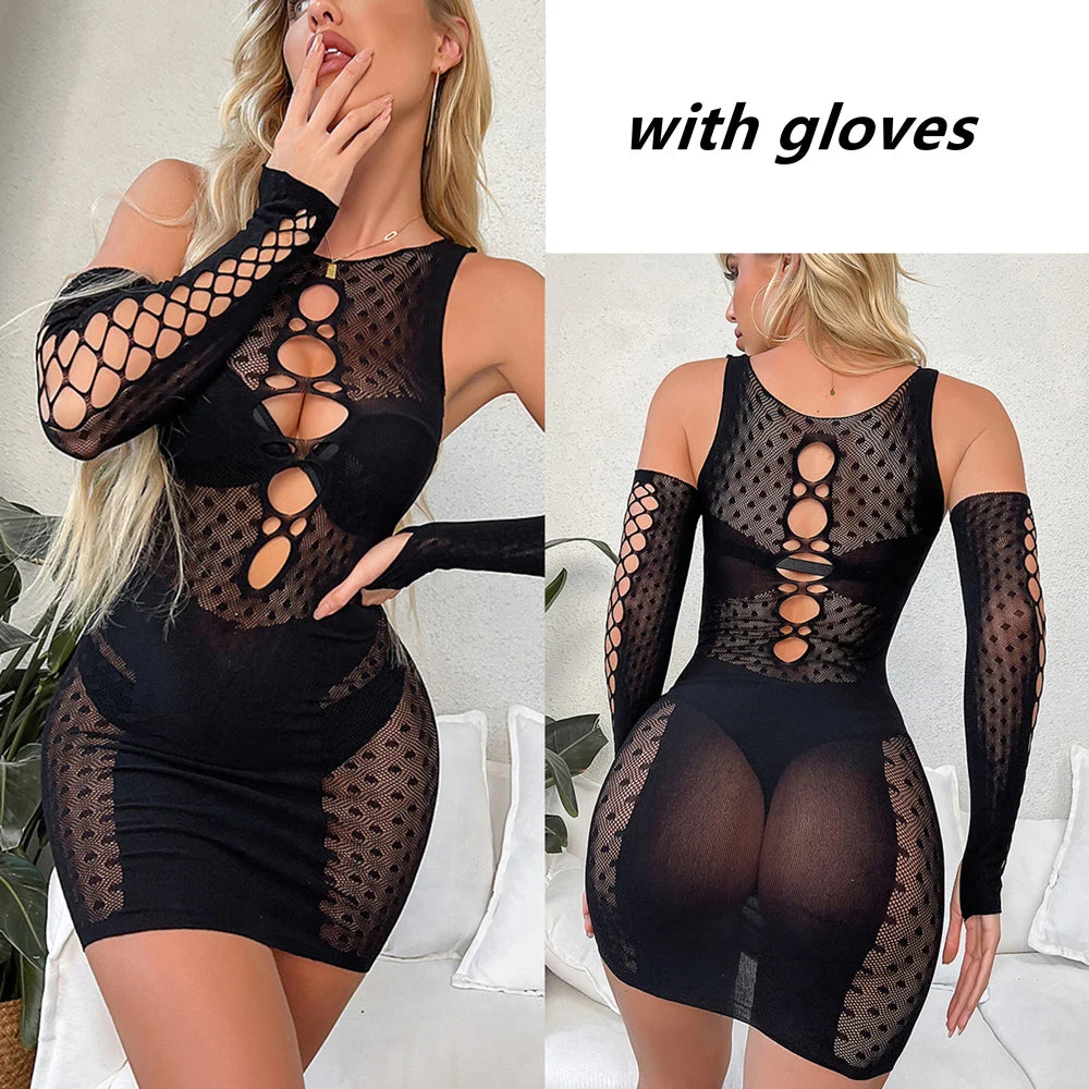 Sexy Lace Fishnet Nightdress – Hollow Out Mini Babydoll, Beachwear & Lingerie