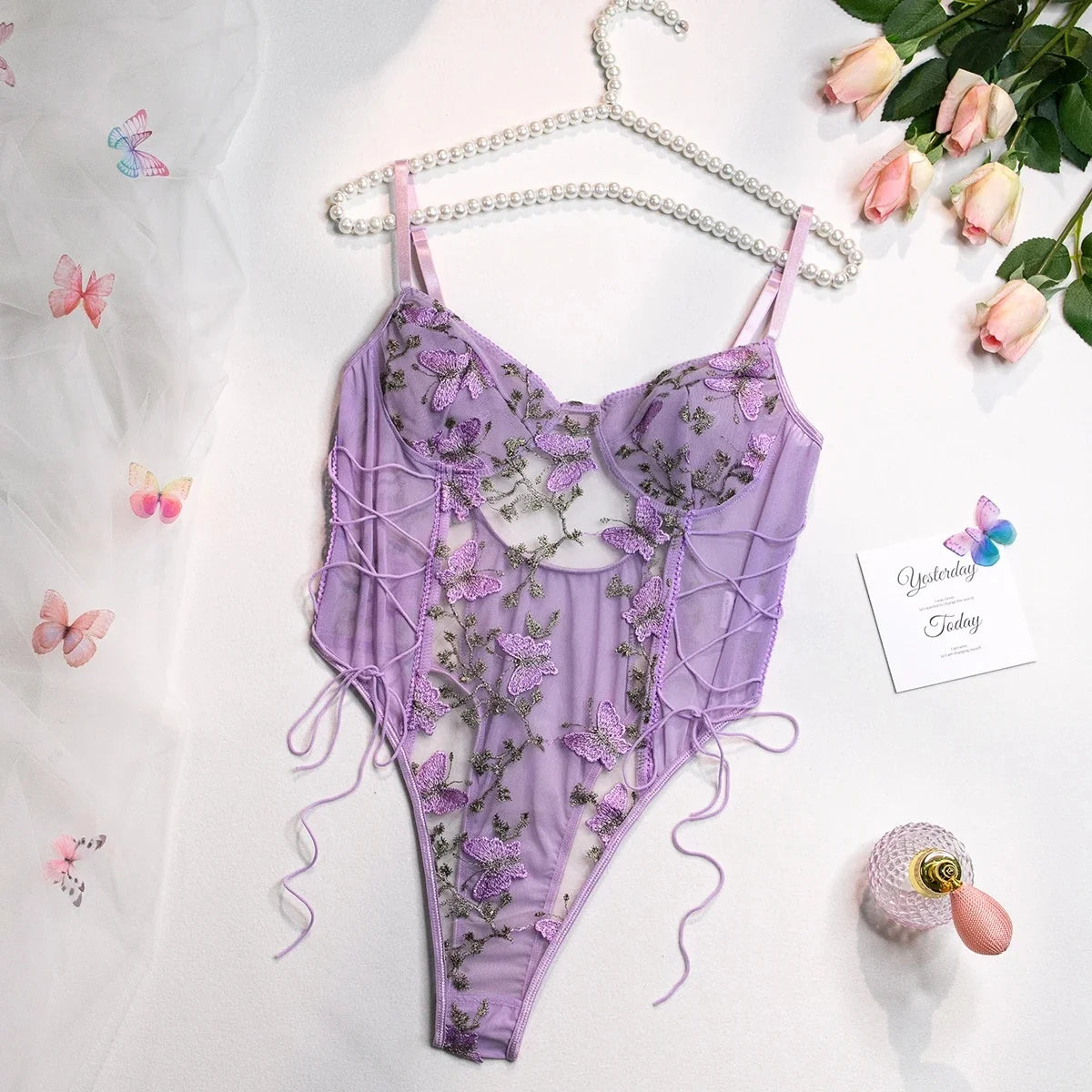 Yimunancy Boho Butterfly Embroidery Mesh Bodysuit – Women's Transparent Lace-Up Sexy Bodysuit, Body Femme