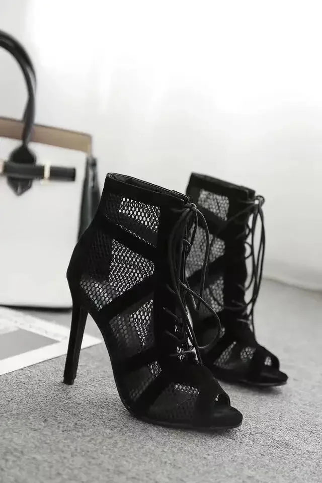 Stiletto High Heels Summer Boots – Mesh Net, Peep Toe, Cross Tied Nude Ankle Boots