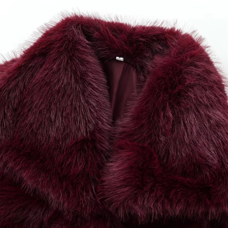 Women's Fur Coat – Plush Burgundy Bomber, Cropped Long Sleeve, Warm Winter Casual Jacket