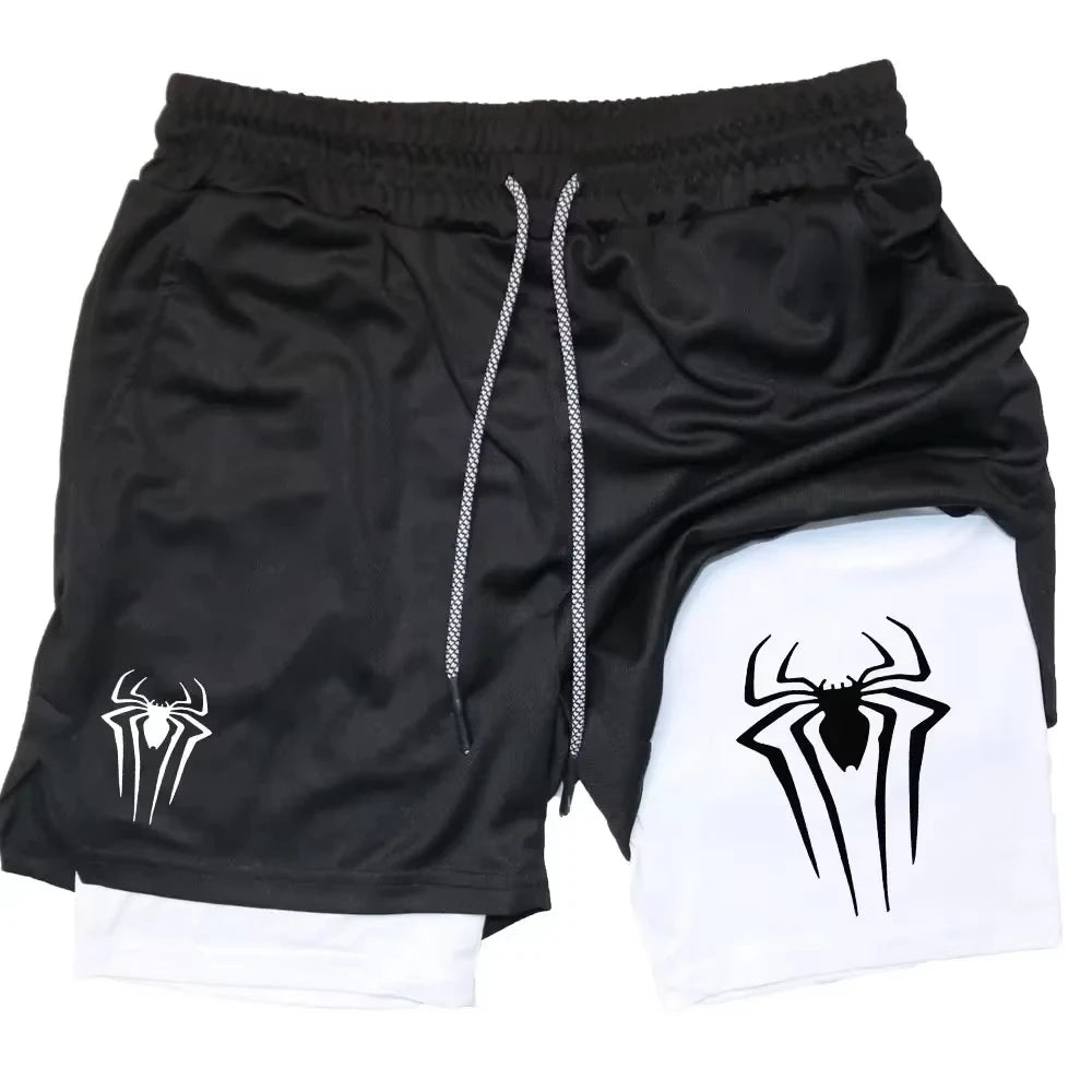 Y2K Performance Shorts Men – Spider Printed, Gym Casual Sports, Compression Shorts, Workout, Running, Mesh 2-in-1 Sport Shorts