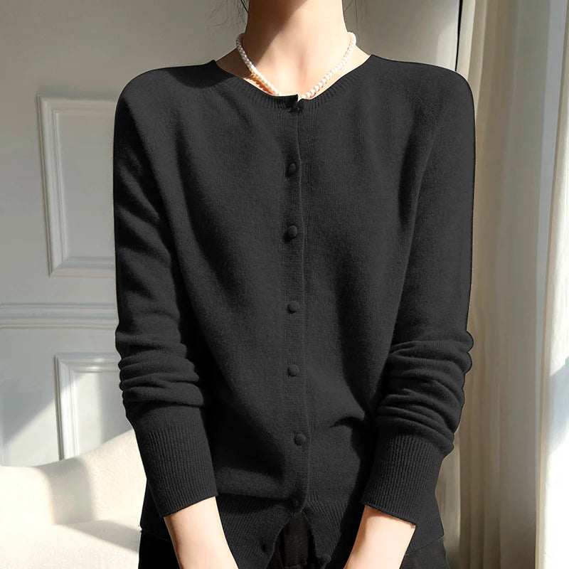 100% Wool Cardigan – Solid Color, Warm Knitwear, Casual Autumn Winter Outerwear