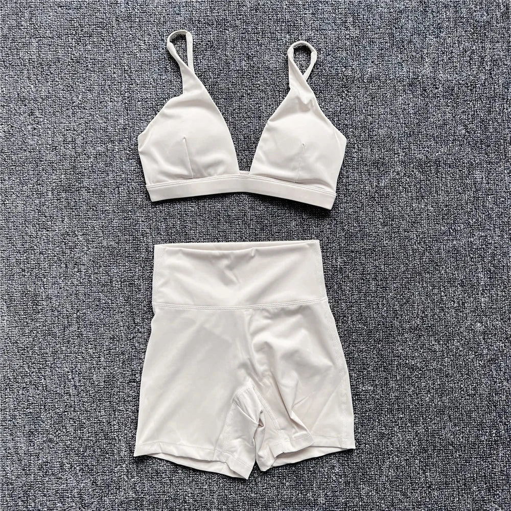 1/2PCS Nude Deep V-Neck Sports Bra & High-Waist Shorts – Women’s Yoga & Gym Workout Set