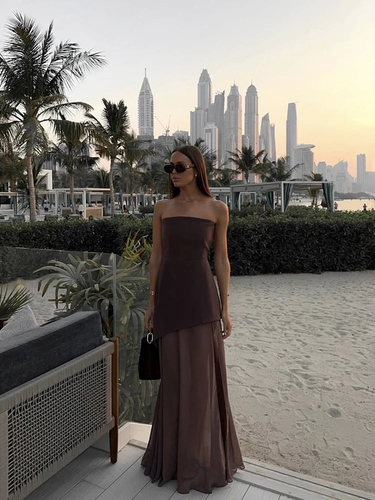 Elegant Strapless Mesh Dress – Ribbon Detail, Sleeveless, Long Beach Vacation Dress, Spring Fashion
