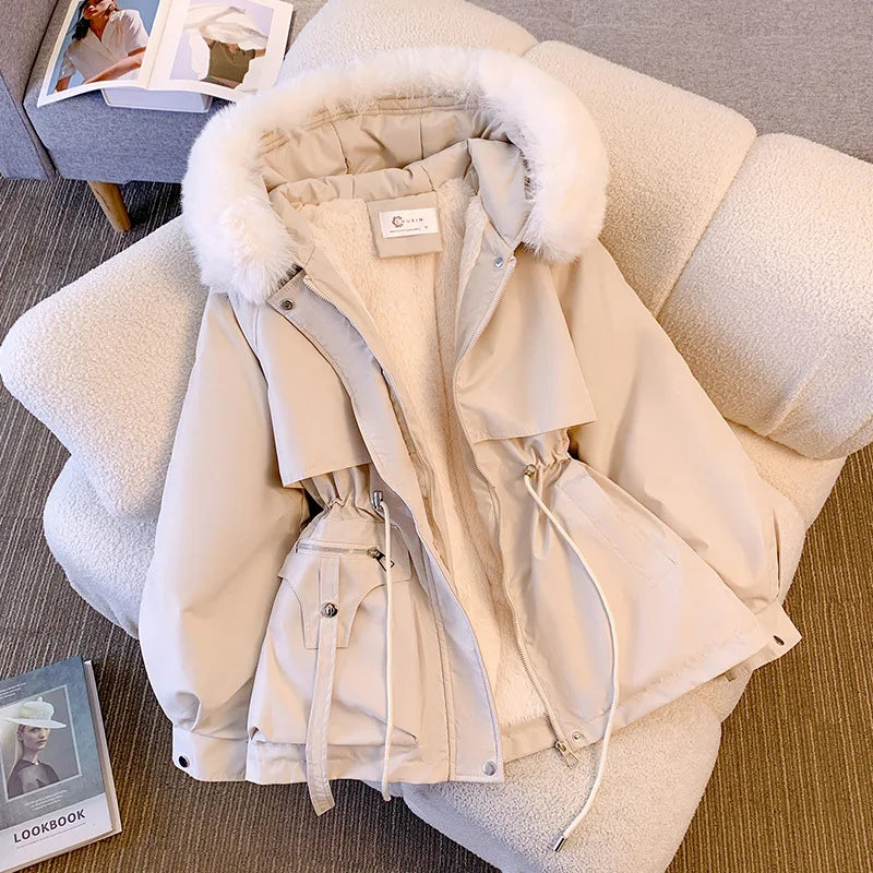 Women's Fleece-Lined Hooded Down Jacket – Warm Drawstring Puffer Parka, Korean Casual Streetwear