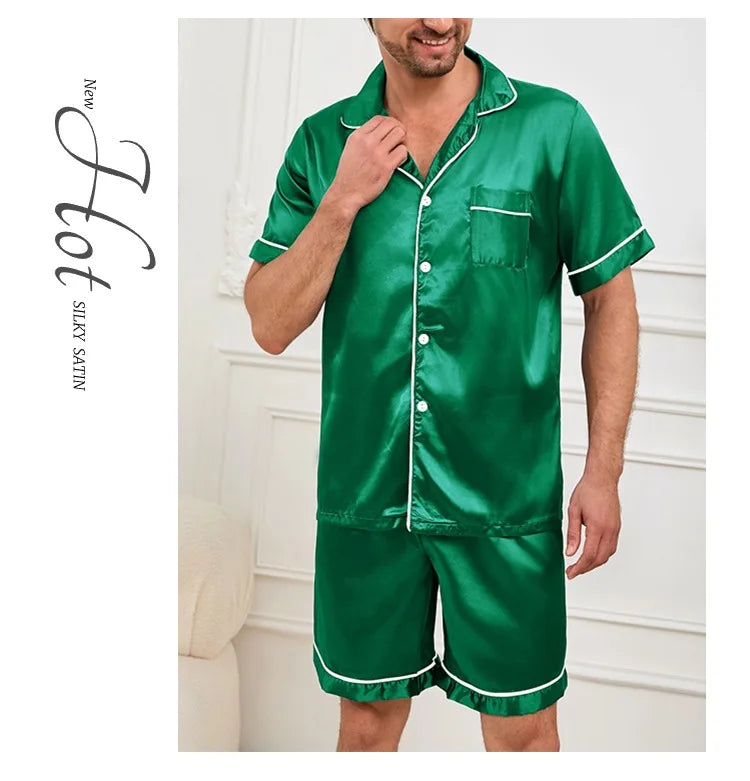 Men's Summer Pajamas Set – Short Sleeve, Button-Down Shirt with Pocket, Matching Shorts, Comfortable Loungewear Sleepwear