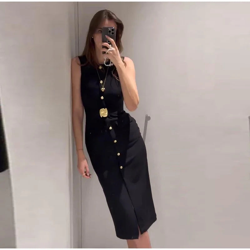Urban Women Single-Breasted Dress – O-Neck, Sleeveless, Pocket Design, Mid-Length, Spring/Summer, Solid Color, Elegant Lady Robe