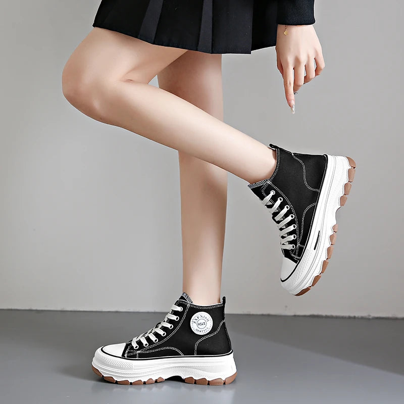 Women’s High Top Canvas Sneakers - Lace-Up, Non-slip, Wear-Resistant, Spring Platform