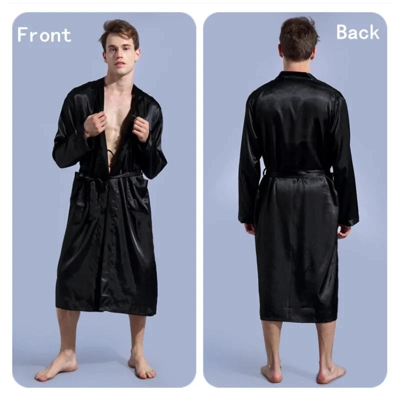 Men's Satin Kimono Robe – V Neck, Long Bathrobe, Sleepwear, Christmas & Wedding Party Loungewear Gown