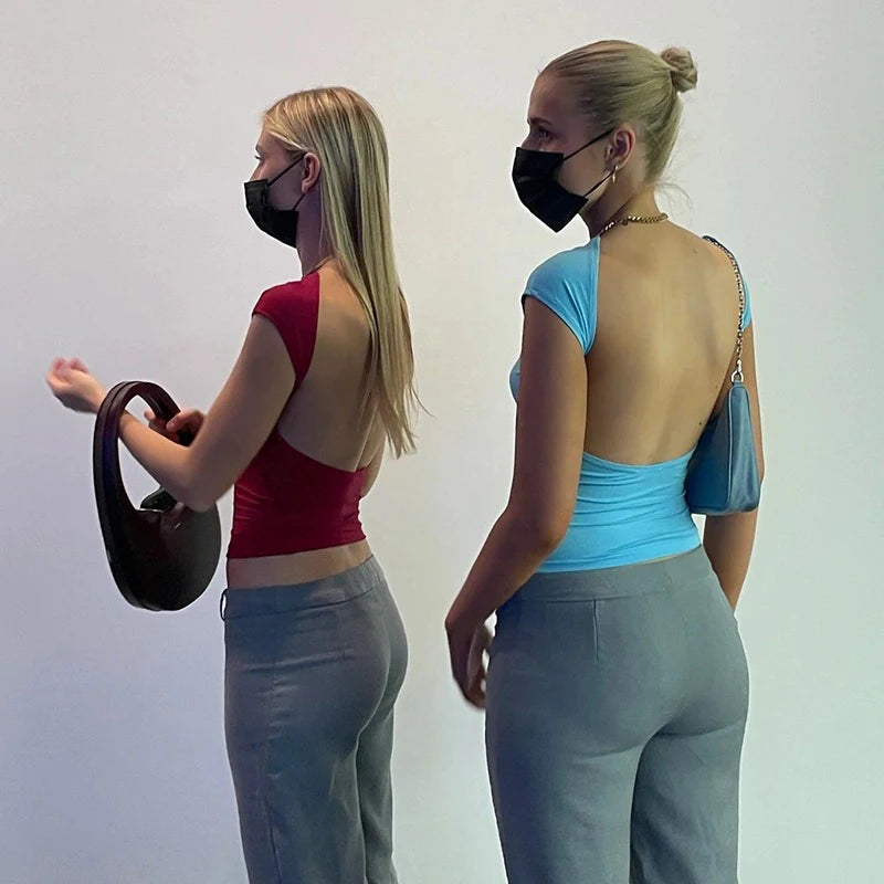 Sexy Backless T-Shirt – Short Sleeve, Solid Color, O-Neck, Fashionable, Summer, Clubwear, Streetwear, Casual, Slim Fit