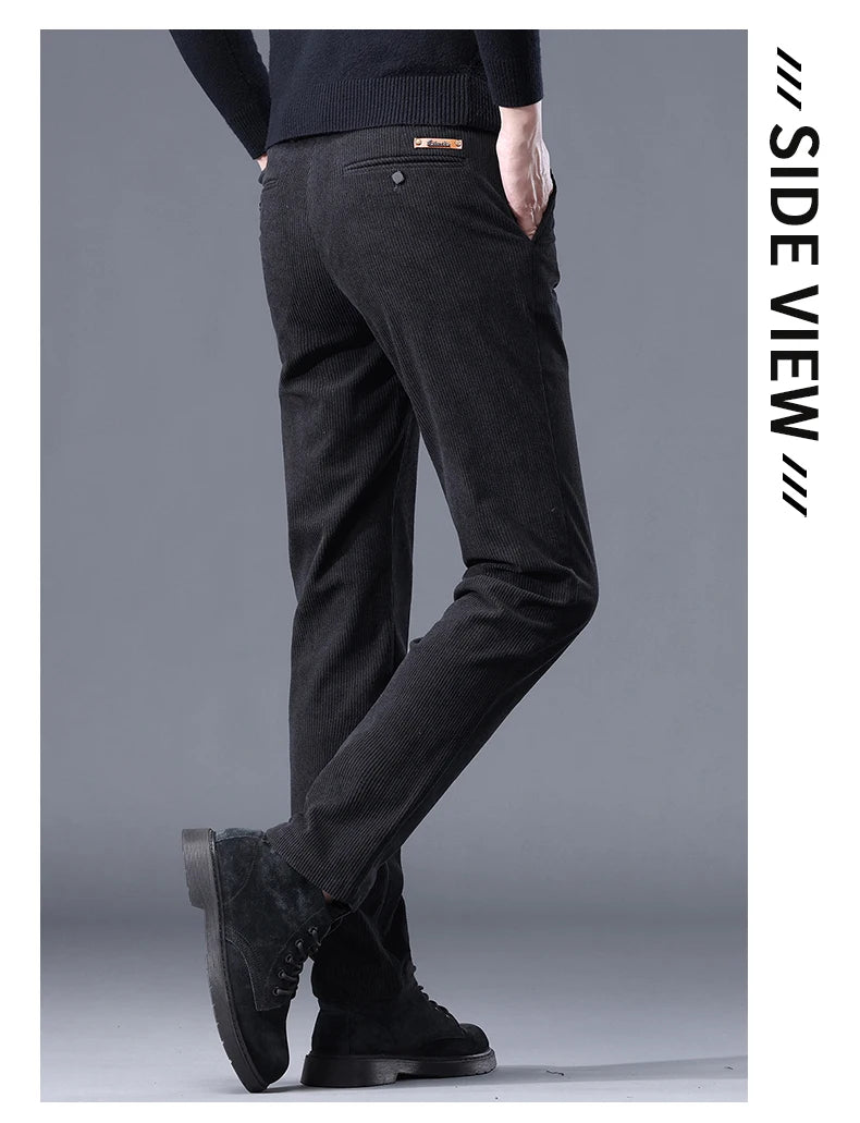 Fleece Men's Corduroy Casual Pants – Chenille Thick Stretch, Mid-Rise, Business Trousers, Winter Thermal Brand Pants