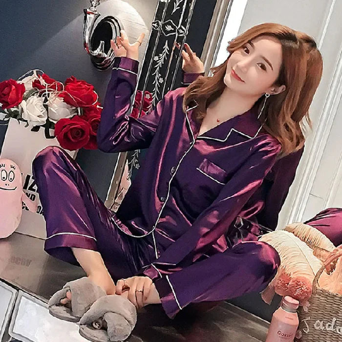 Plus Size Autumn and Winter Silk Pajamas – Women's Solid Casual Soft Nightwear, Button-Up Cardigan Sleepwear & Homewear