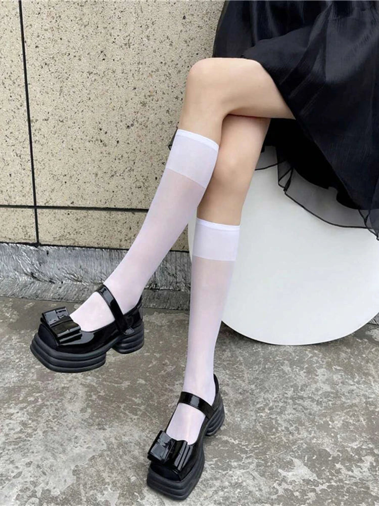 4 Pairs Black White Semi-Transparent Nylon Socks – Classic, Versatile, Comfortable, Breathable, Suitable for Daily Wear