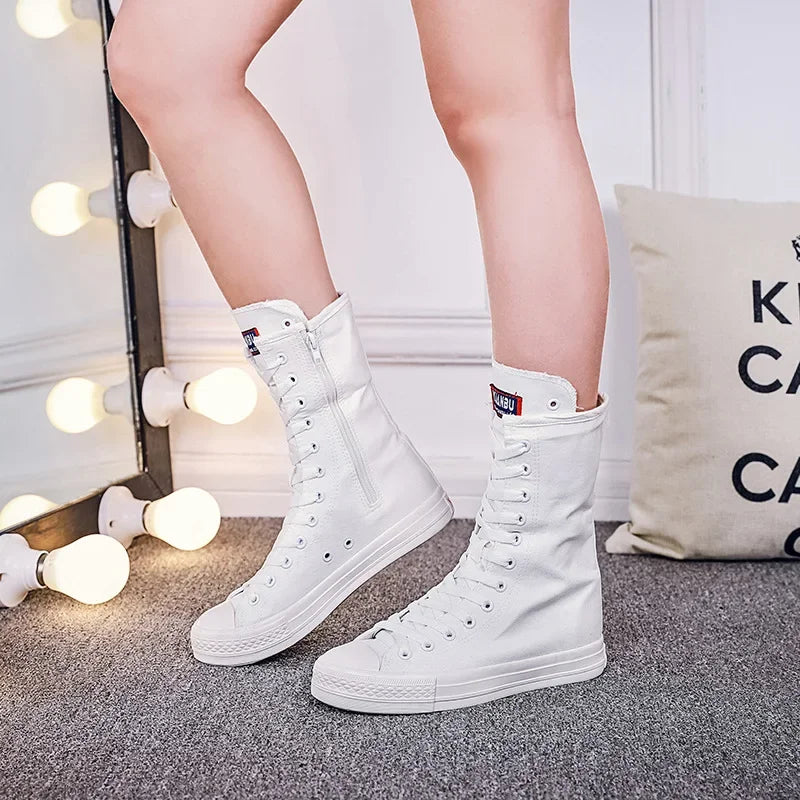 Women's Canvas Long Boots – High-Top, Lace-Up Knee-High Flats, Casual Vulcanized Sneakers