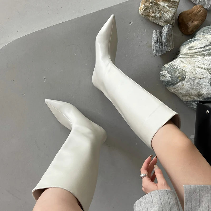 Fashion Sexy Pointed Low Heels Knee-High Boots – Women's Spring/Autumn PU Party Western Boots