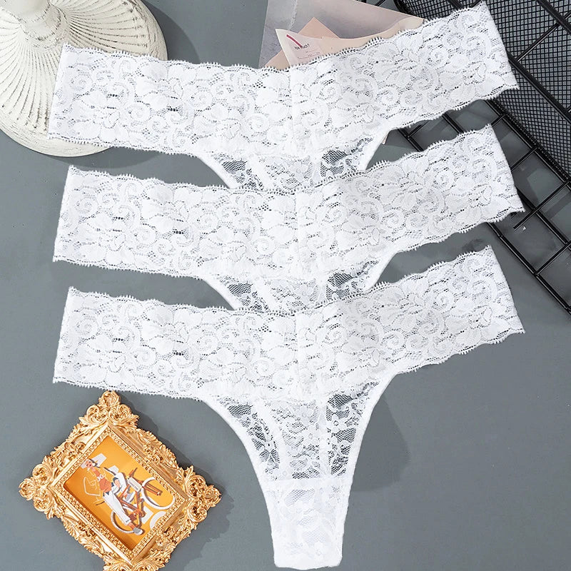 3PCS Lace Floral Thong Panties – Low Waist, Breathable, Sexy, Transparent, Solid Color Women's Underwear