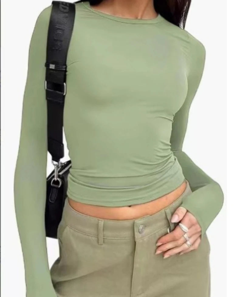 Women's Long Sleeve T-Shirt – Slim Fit, Solid Color Pullover, Basic Y2K Streetwear for Spring & Autumn