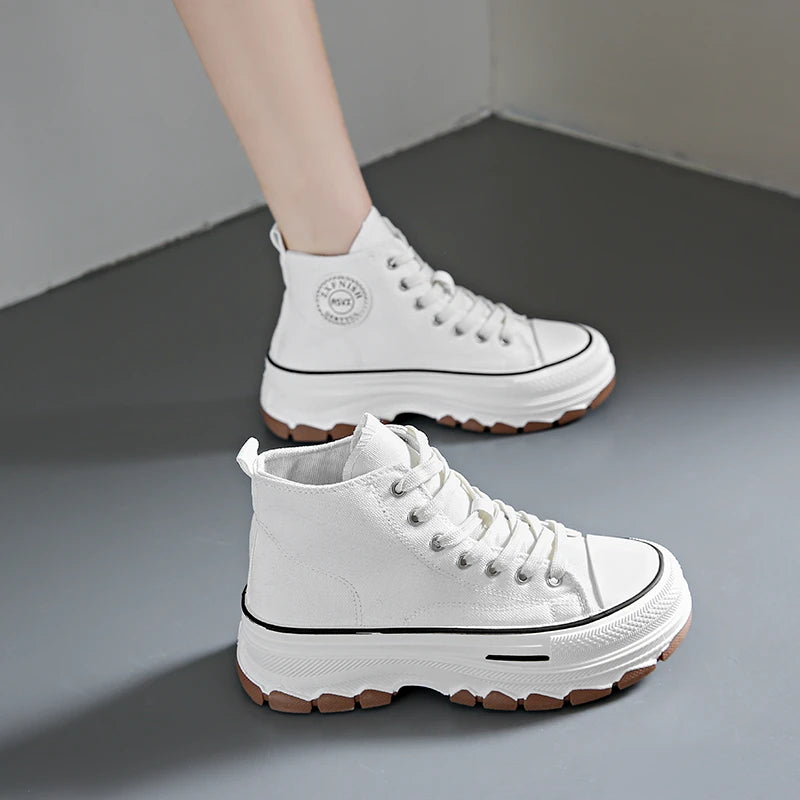 Women’s High Top Canvas Sneakers - Lace-Up, Non-slip, Wear-Resistant, Spring Platform