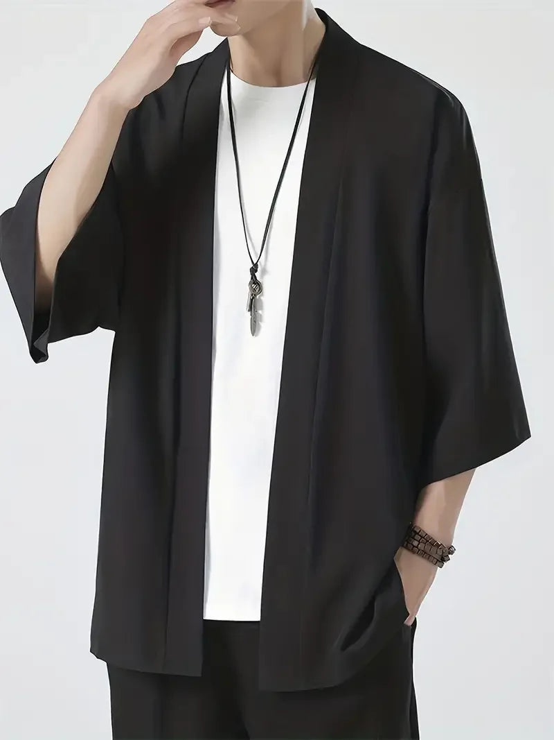 Men's Lightweight Kimono Shirt – Seven Sleeve Open Front Cardigan, Japanese Style Yukata Bathrobe, Samurai-Inspired Clothing