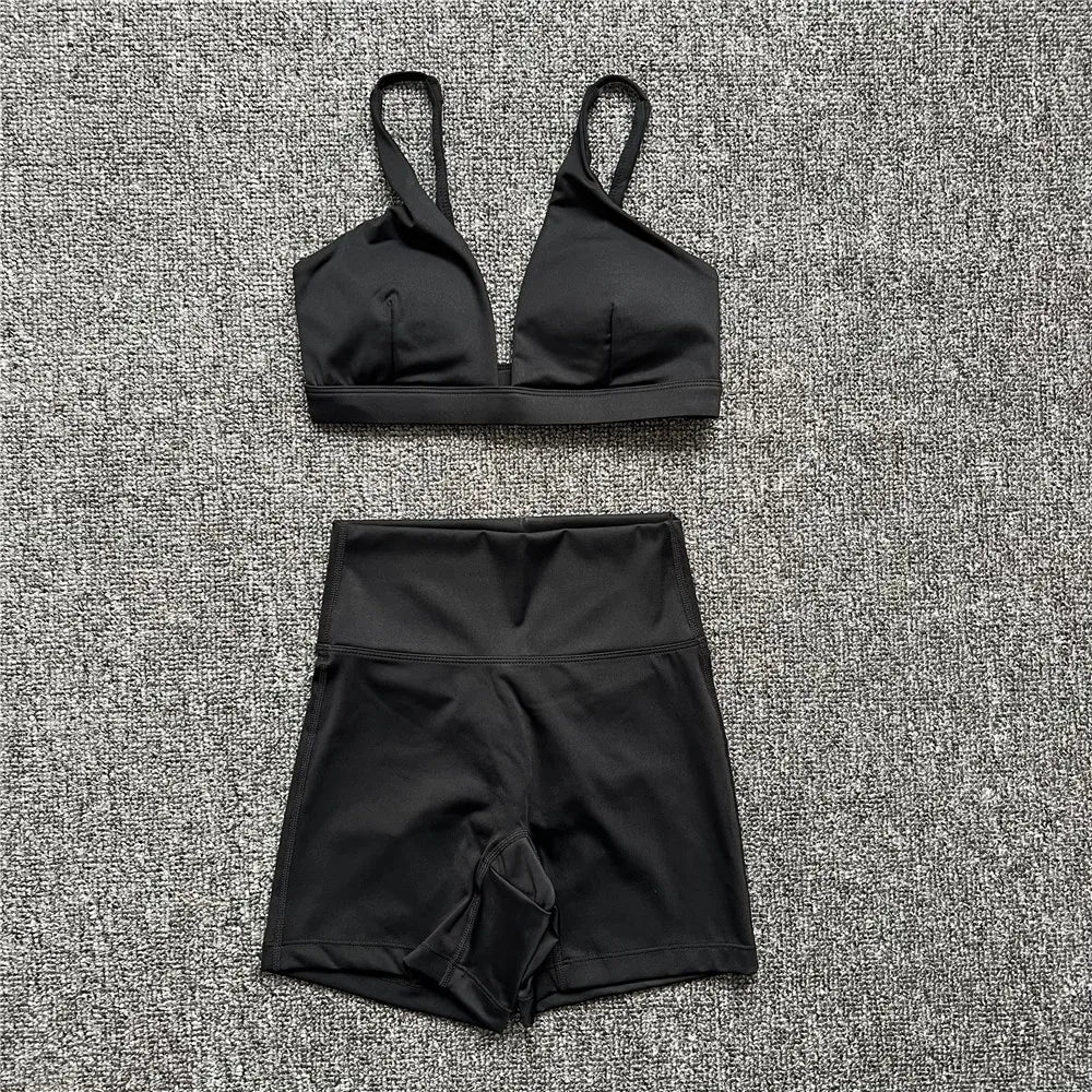 1/2PCS Nude Deep V-Neck Sports Bra & High-Waist Shorts – Women’s Yoga & Gym Workout Set