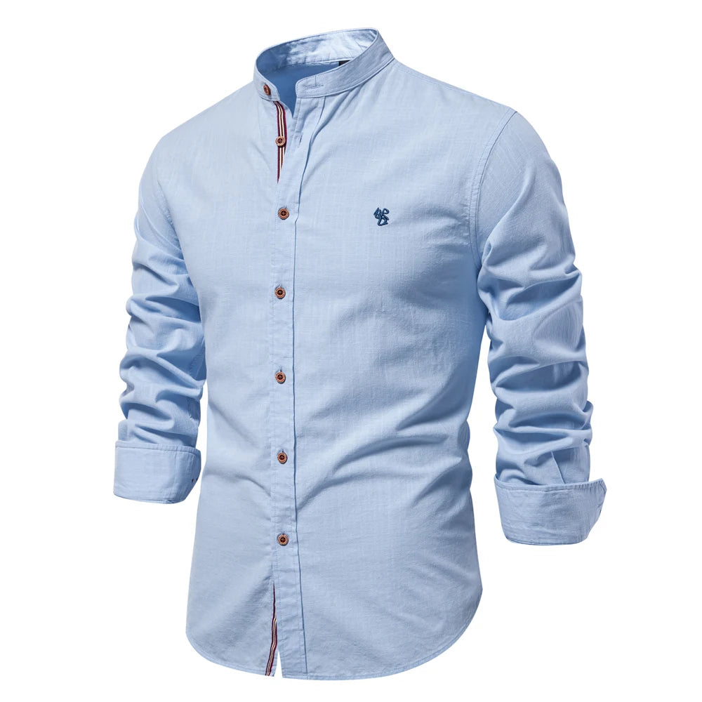 100% Cotton Social Shirt For Men – Solid Color, Long Sleeve, High Quality Brand, Spring Stand Collar, Casual Style