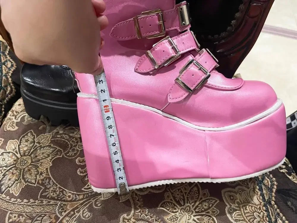 Women Boots Cosplay – High Heel Platform Wedge Boots with Gothic Buckle Strap Design