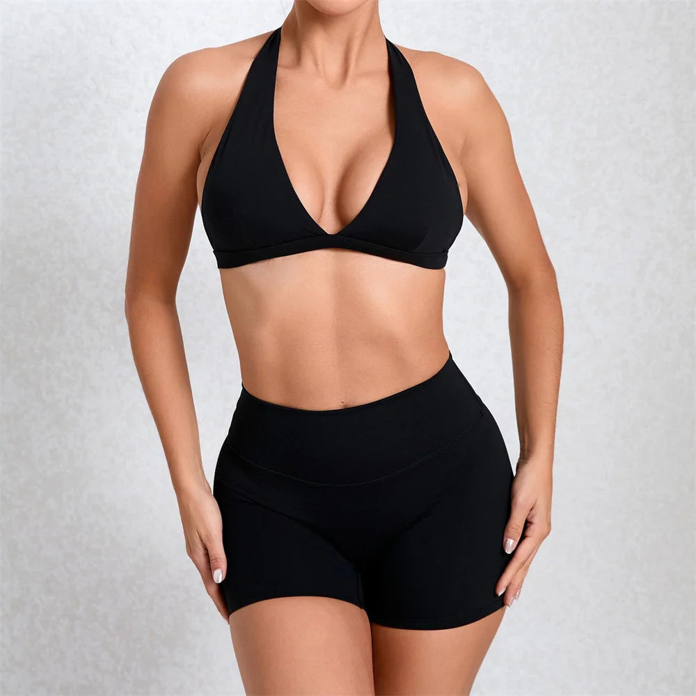 1/2PCS Deep V Bra Gym Halter Yoga Set – Women's Sportswear, Workout Fitness Shorts, Activewear Outfit