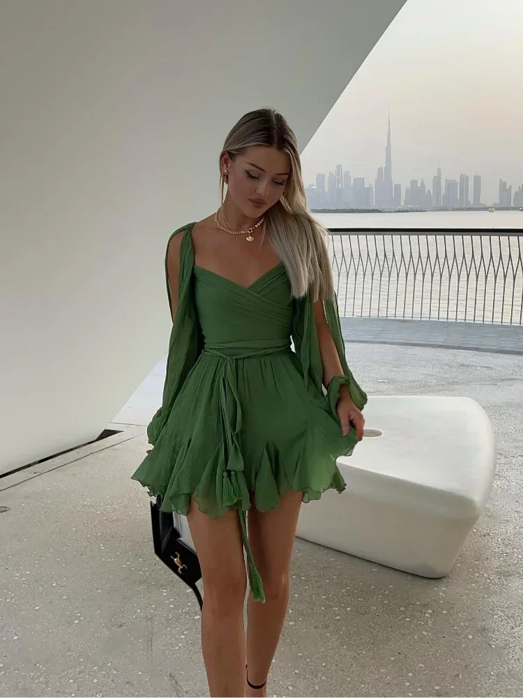 Women’s Chiffon Pleated Mini Dress – High Waist, Lace-Up, Hollow Out, Full Sleeve, A-Line