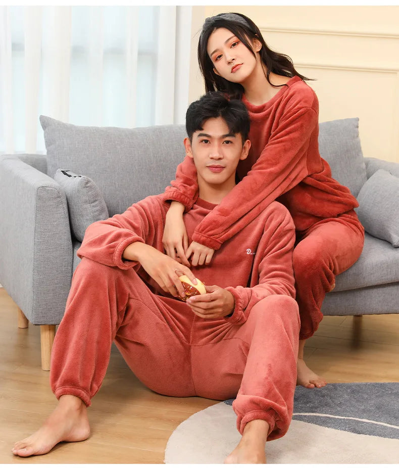 Men's Coral Velvet Pajamas – Thickened, Warm, Long Sleeve & Trousers, Solid Color, Soft Sleepwear, Autumn Winter 2PCS Set