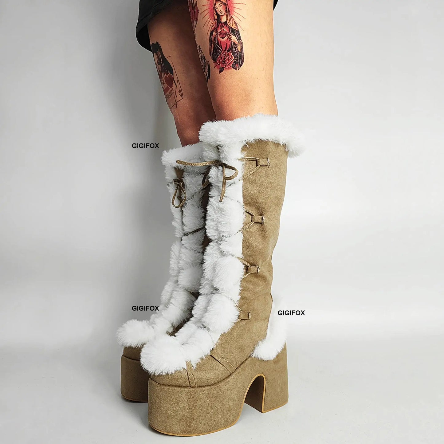 Platform Furry Boots – Chunky High Heeled Winter Autumn Knee High Boots, Women Faux Fur Zip, Gothic Style Punk Shoes Ladies