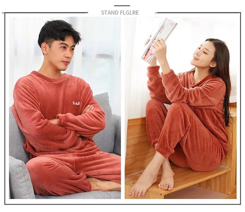 Men's Coral Velvet Pajamas – Thickened, Warm, Long Sleeve & Trousers, Solid Color, Soft Sleepwear, Autumn Winter 2PCS Set