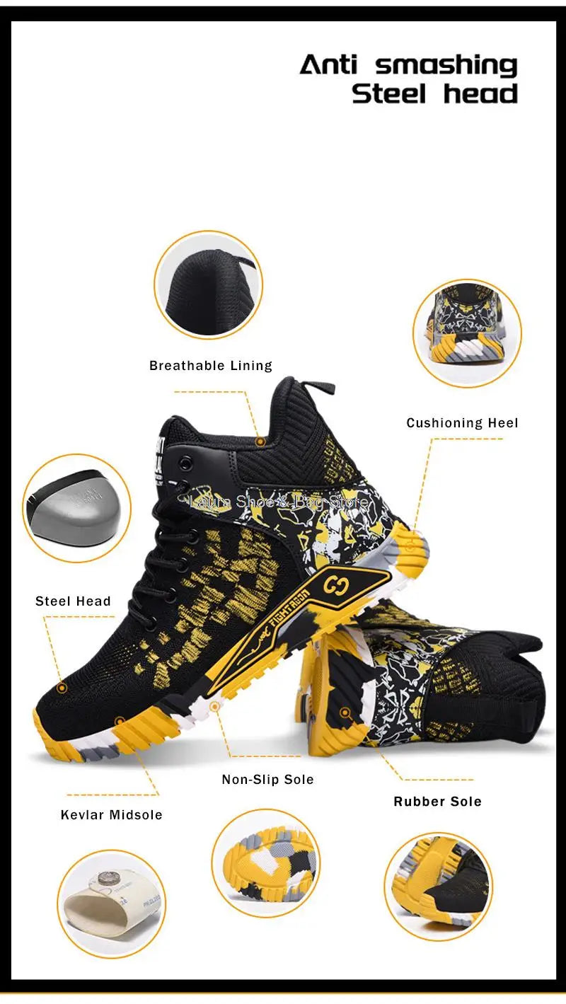 High Top Safety Shoes – Steel Toe Work Shoes for Men, Anti-Smash, Indestructible Work Boots, Breathable Safety Footwear