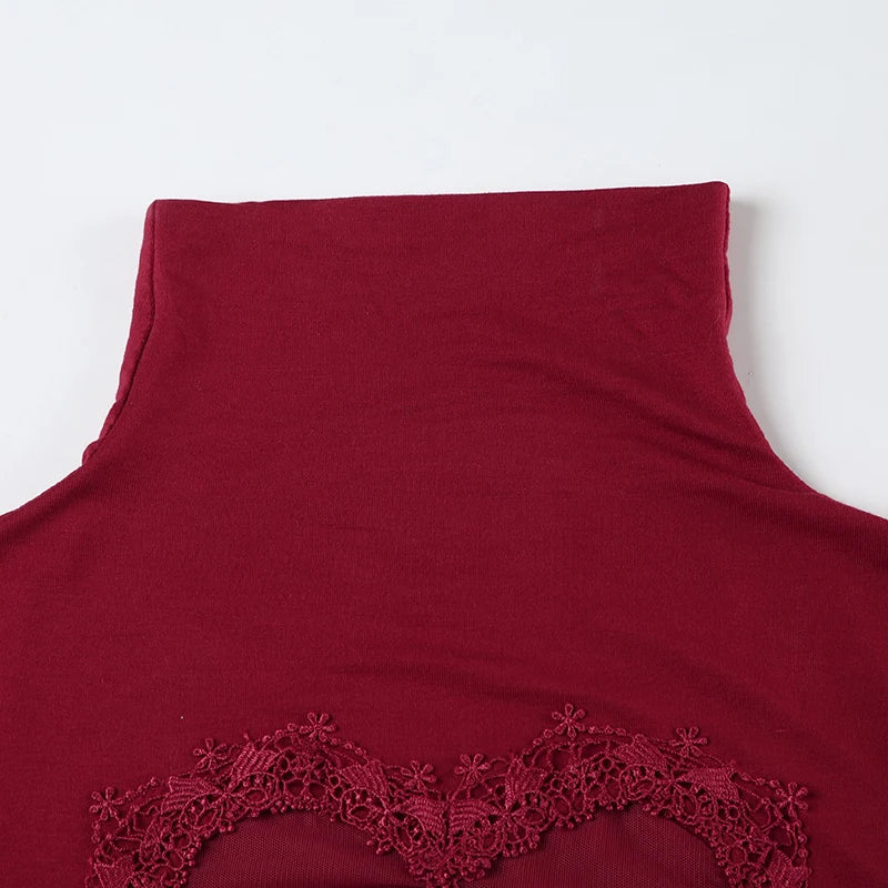 Red Skinny Bodysuit – Heart-Shaped Hollow Out, Sheer Patchwork, Full Sleeve, Vintage Chic Outfit