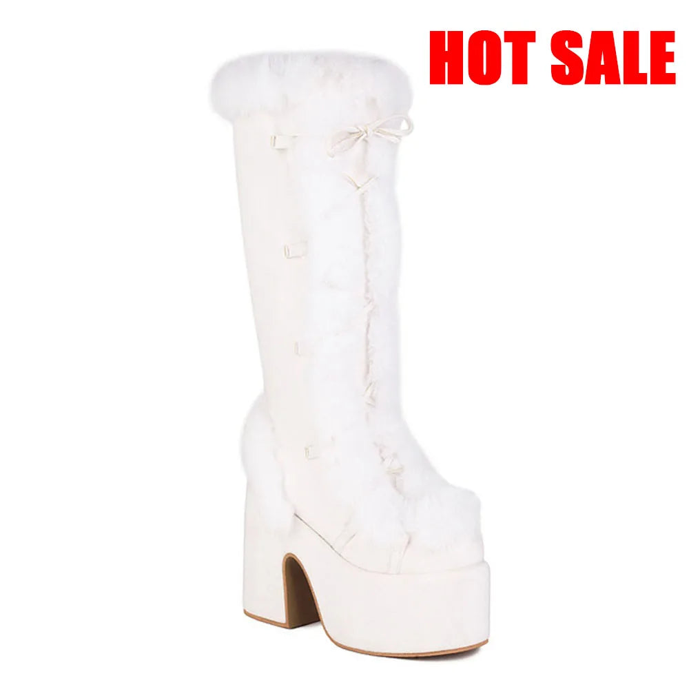Platform Furry Boots – Chunky High Heeled Winter Autumn Knee High Boots, Women Faux Fur Zip, Gothic Style Punk Shoes Ladies