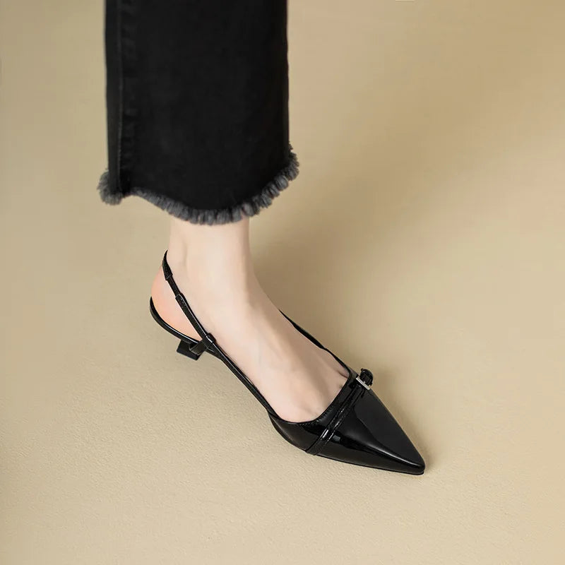Pointed Patent Leather Sandals - Mid-Heel Overhead Retro Skinny Heel Backless Shoes for Women