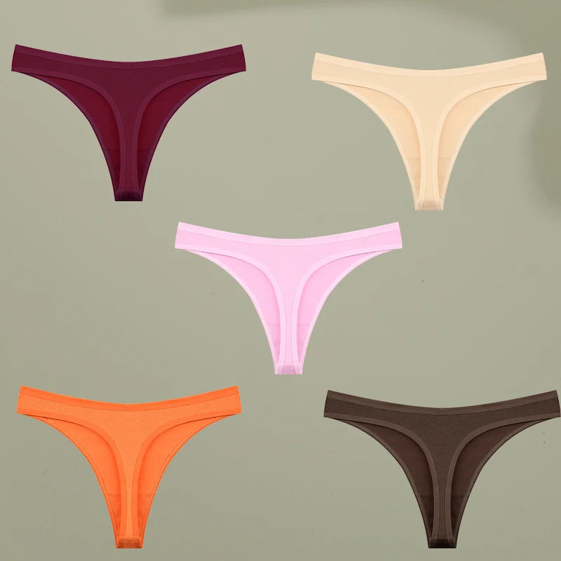 5PCS Set Low-Rise G-String Panties – Sexy, Cotton, Seamless, High Elasticity, Breathable, Solid Color