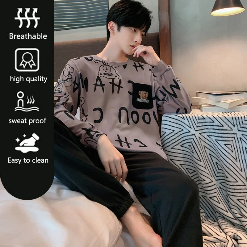 Men's Pajamas Set – 2PCS, Plus Size, Long Sleeve, Loose Fit, Breathable, Cartoon Bear & Striped Letters, Crew Neck Loungewear