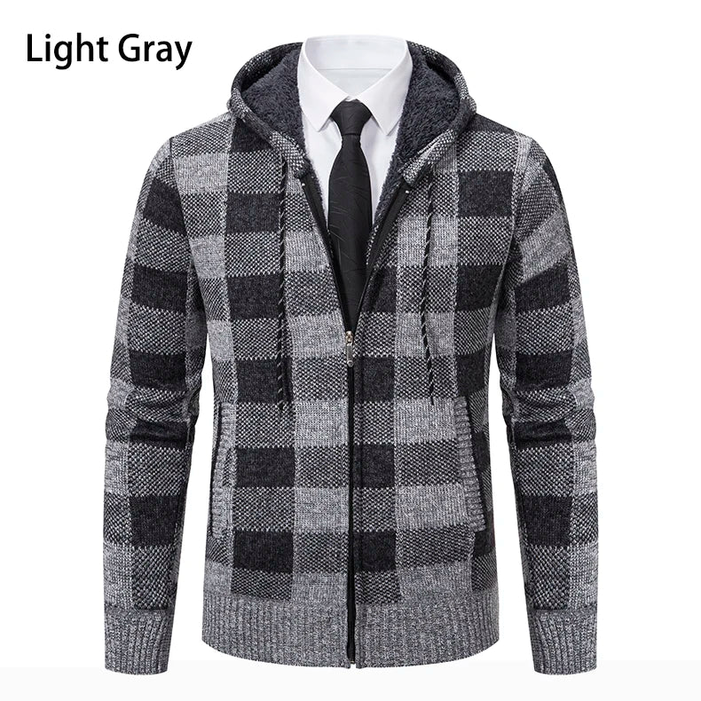 Men's Cardigan – Fashion Plus Velvet Padded Knit Jumpers, Male Sweater, Hooded Plaid Korean Luxury Brand Coat