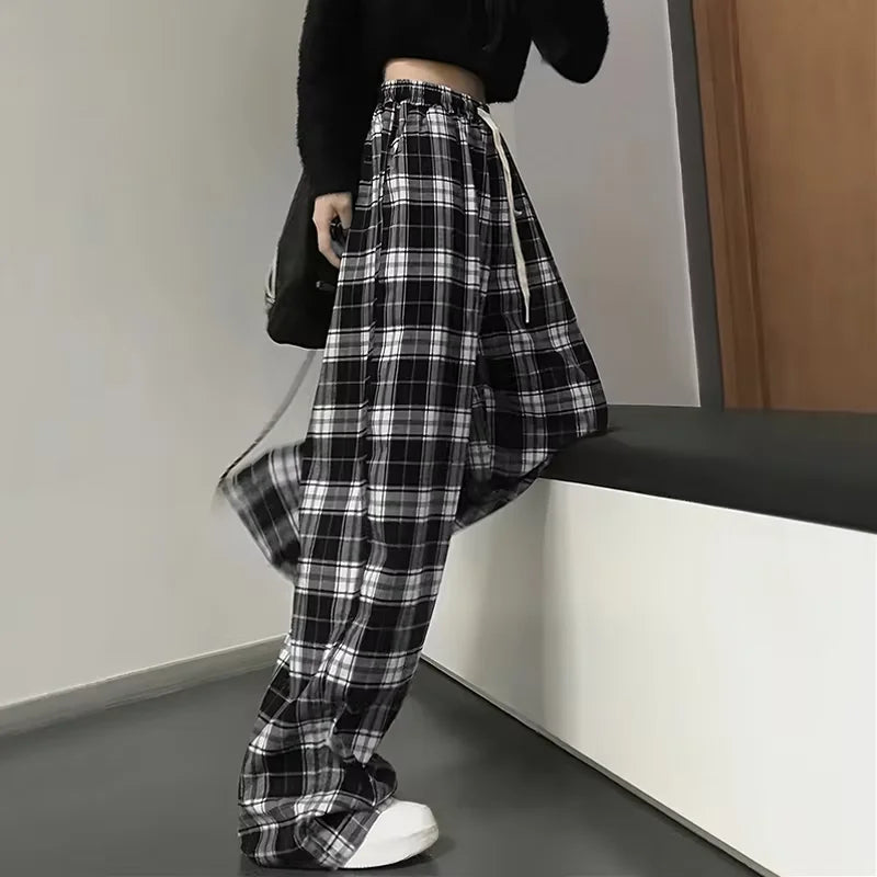 Thin High-Waisted Wide-Leg Pants – Korean Style, Casual, Straight Cut, Hit Color, Plaid Pattern, Elastic Waist, Dragging Length