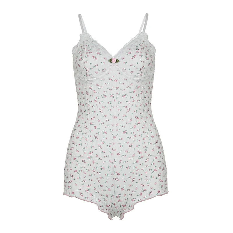 Y2K Floral Print Bodysuit – Spaghetti Straps, Sexy Lace Patchwork, Knit, Sleeveless, Slim Fit