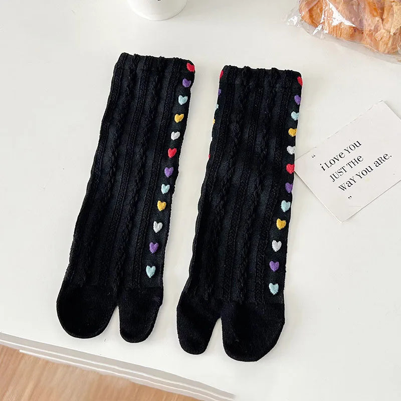 Colorful Heart Braid Five Finger Socks for Women – Spring Autumn, Middle Tube, Cotton, Breathable, Crew Socks, Streetwear