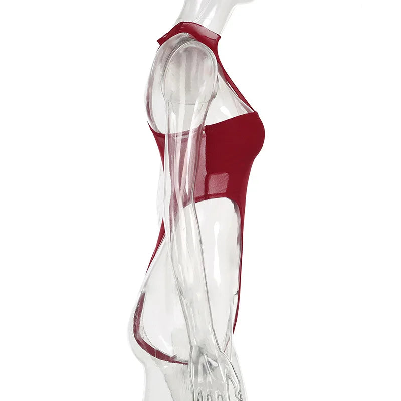 Red See-Through Mesh Bodysuit – Sexy Lingerie, Neck-Mounted, Y2K Festival Outfit